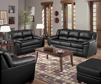 Black Bonded Leather Living Room w/Baseball Stitch Seams
