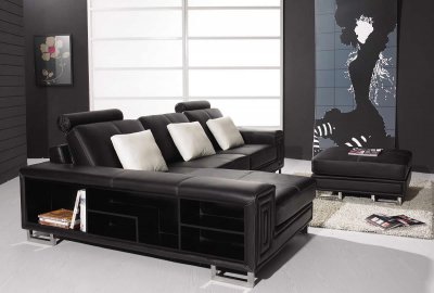 Black Leather Modern Sectional Sofa w/Shelves & Ottoman