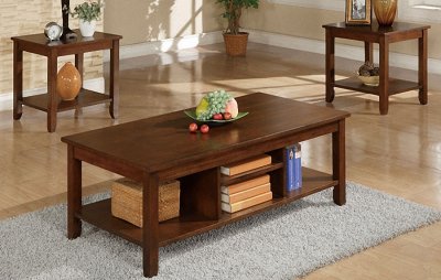 Brown Wood Finish 3PC Coffee Table Set w/Additional Shelf