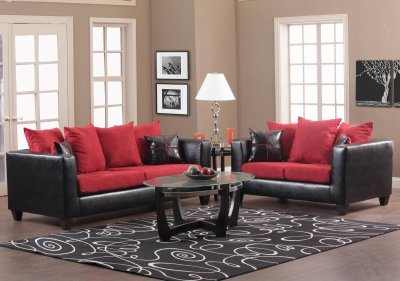 Red Fabric and Black Vinyl Modern Sofa & Loveseat Set w/Options