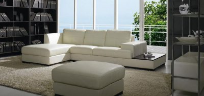 Off-White Leather Modern Low Profile Sectional Sofa w/Ottoman