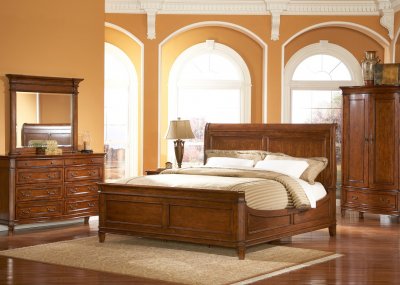 Medium Brown Cherry Traditional Sleigh Bed w/Optional Case Goods