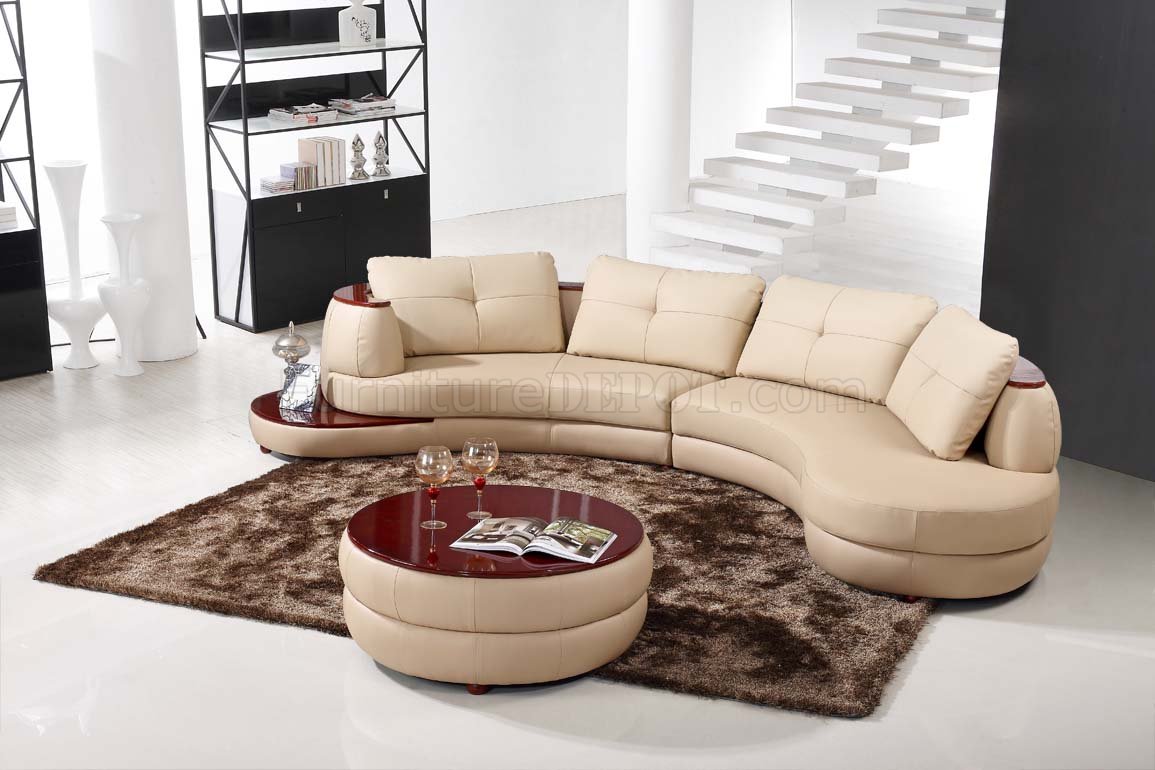 Beige Leather Modern Sectional Sofa w End Table amp Ottoman