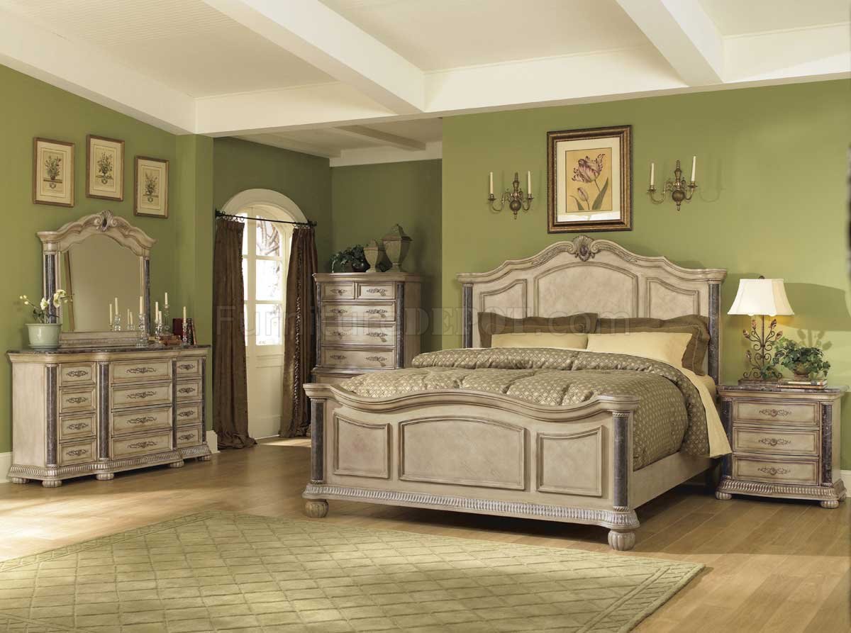 White Wash Finish Classic 5Pc Bedroom Set w/Marble Tops & Posts HEBS ...