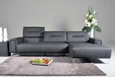 Black Leather Modern Sectional Sofa w/Adjustable Seats