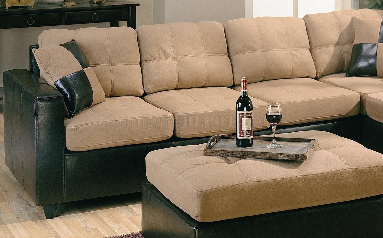 Tone Tan Microfiber Dark Brown Faux Leather Sectional Sofa