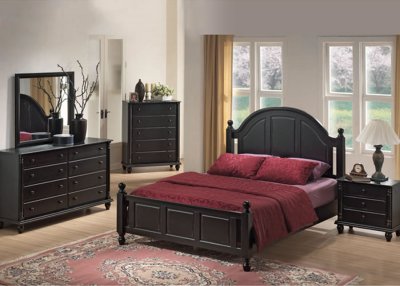 Antique Style Black Finish Classic Bedroom with Arched Headboard