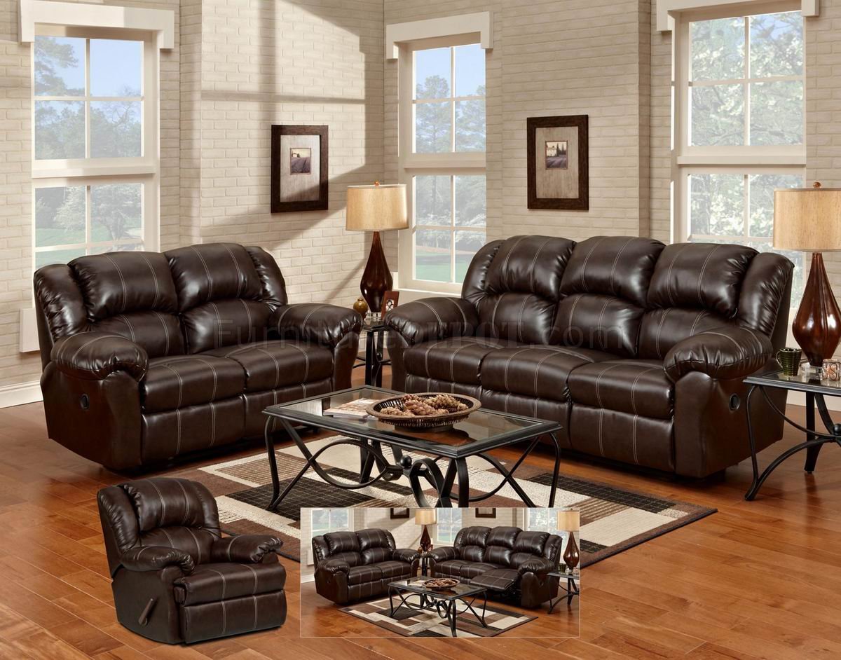 Brown Bonded Leather Modern Reclining Sofa And Loveseat Set