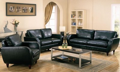 Black Bonded Leather Retro Style Living Room w/Soft Seating