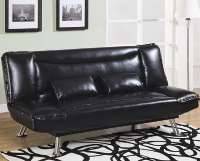 Black Faux Leather Modern Convertible Sofa Bed w/Metal Legs