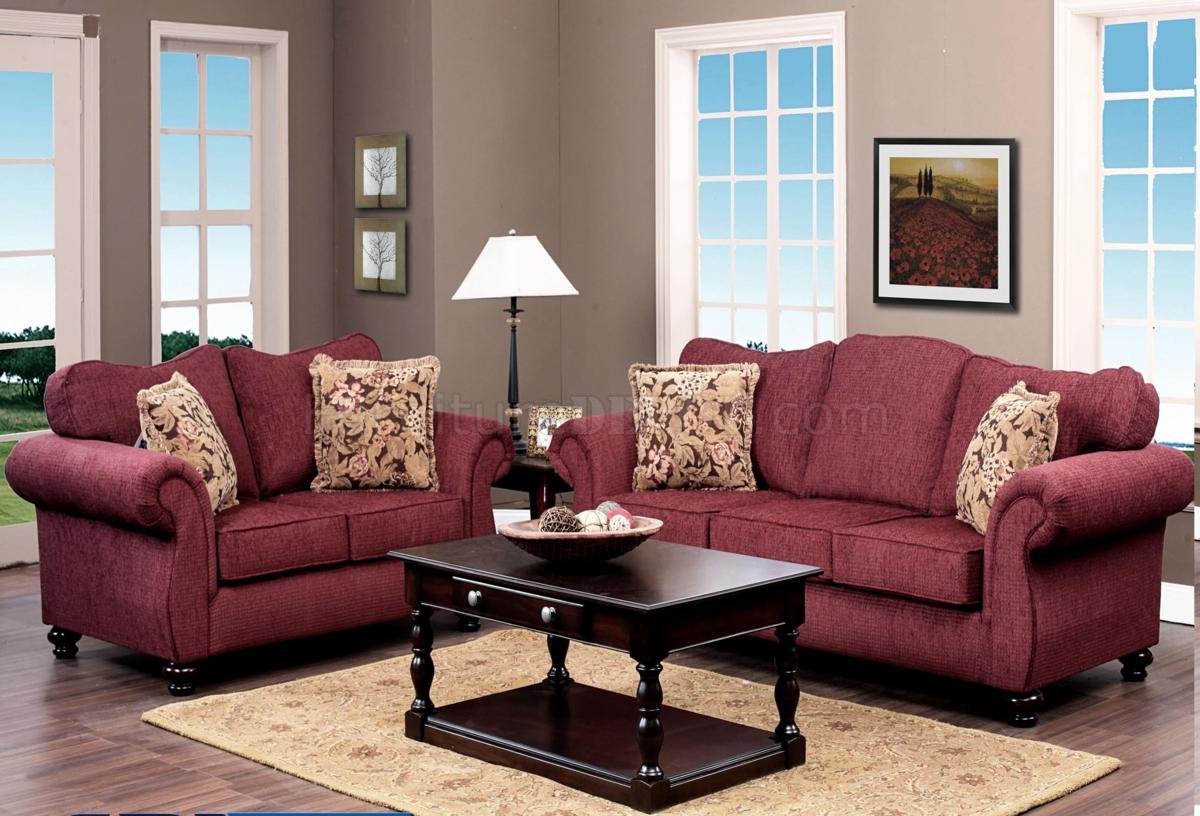 Burgundy Fabric Classic Sofa & Loveseat Set w/Options