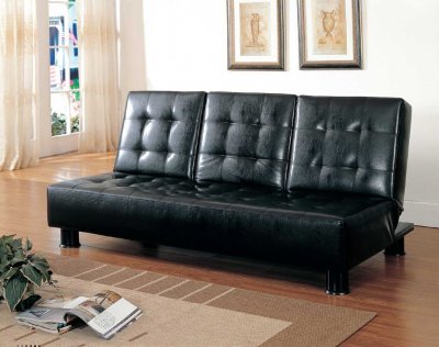 Black Vinyl Leather Modern Sofa Bed Convertible w/Table Top