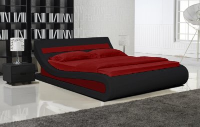 Black Leatherette Modern Bed w/Red Accents