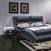 Black Leatherette Modern Stylish Bed w/Padded Headboard