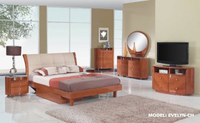 Cherry Finish Modern Bedroom w/Bicast Headboard & Options