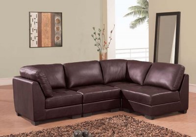 Brown Leather 4 Pc Modern Sectional Sofa W/Tufted Seats