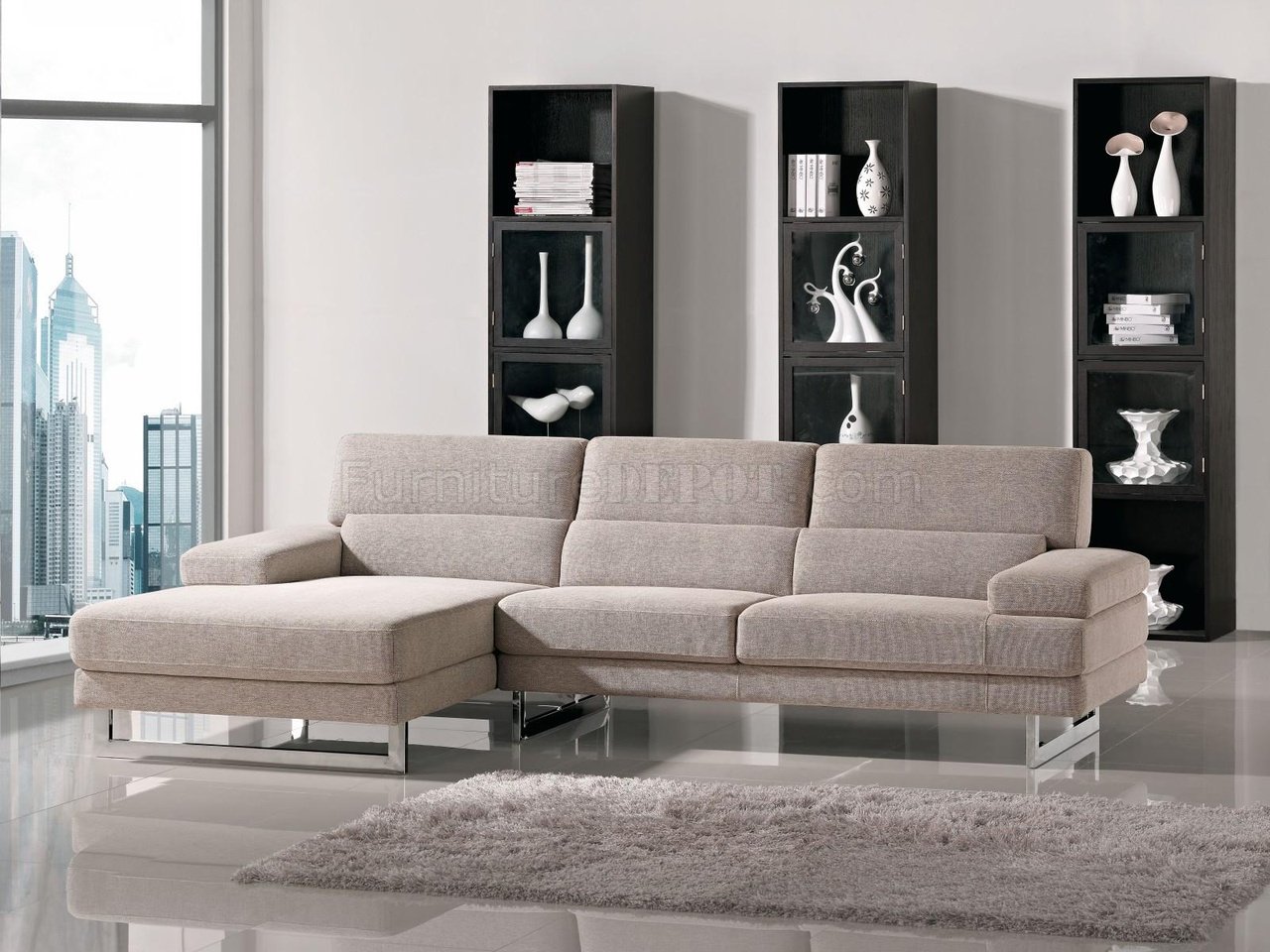 Beige Fabric L-Shape Modern Sectional Sofa w/Metal Legs