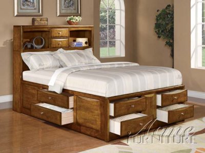 Oak Finish Classic Traditional Bed w/Storage Drawers