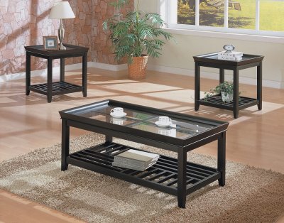 Black Contemporary 3PC Coffee Table Set w/Beveled Glass Tops