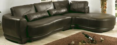Dark Brown Full Leather Modern Sectional Sofa w/Ivory Stitching