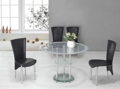 Modern Dinette w/Round Glass Top & Black Faux Leather Chairs