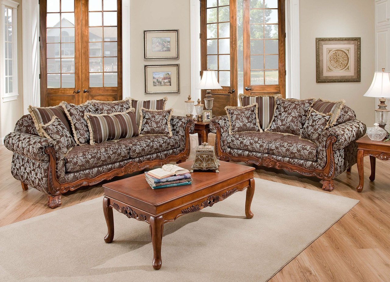 Textured Fabric Traditional Living Room w/Carved Wood Accents
