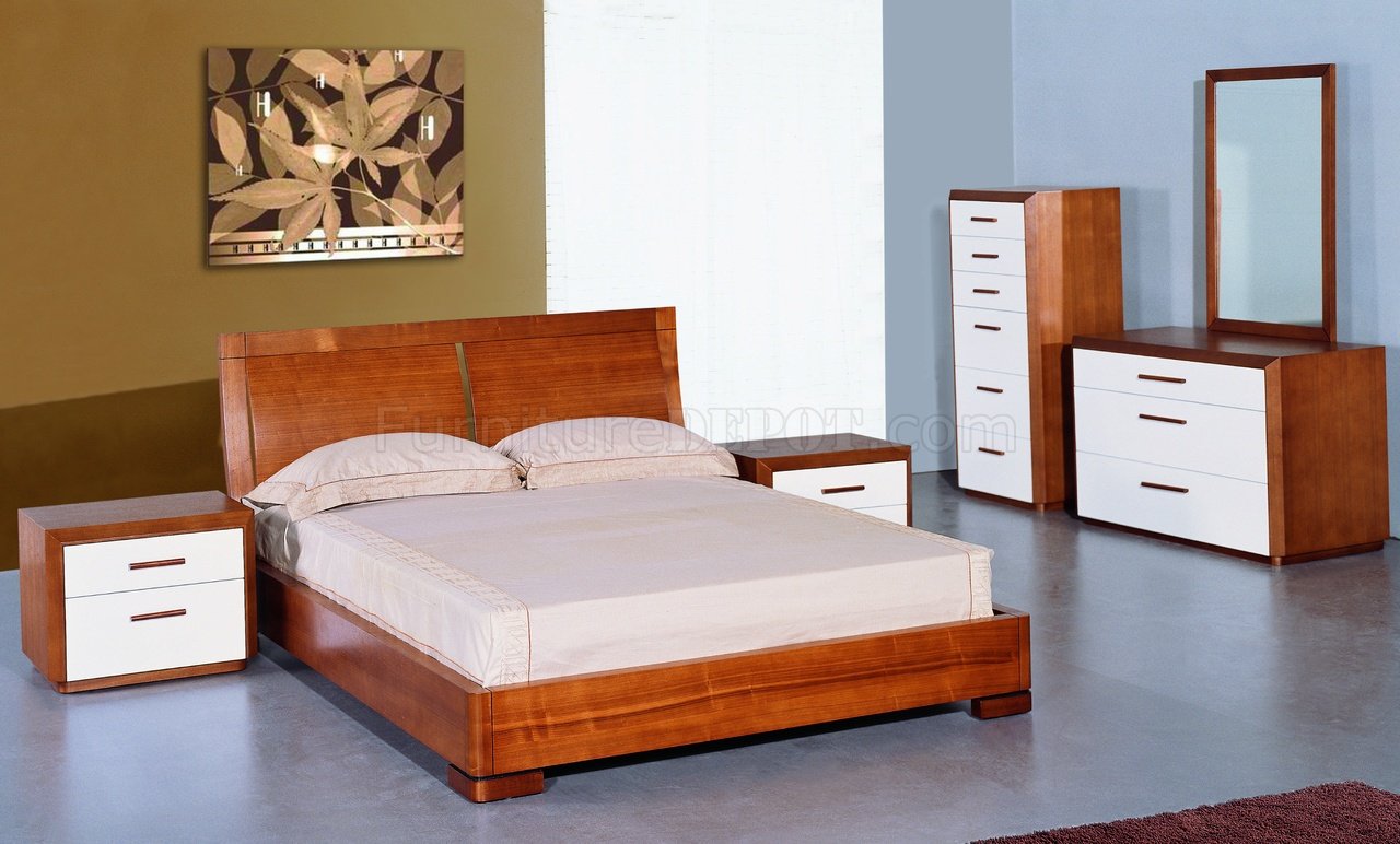 Teak and White Lacquer Finish Modern Two Tone Bedroom Set BHBS Maya ...
