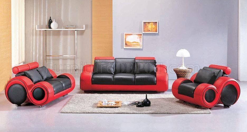 black & red two-tone leather 3pc modern living room set