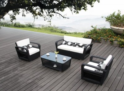 Black/White Modern Patio 4Pc Sofa & Chairs Outdoor Set w/Table