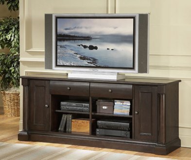 Mocha Finish Classic TV Stand w/Two Drawers & Open Shelves