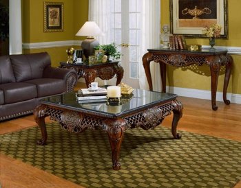 Dark Cherry Finish Traditional Coffee Table w/Black Marble Top [HECT-251]