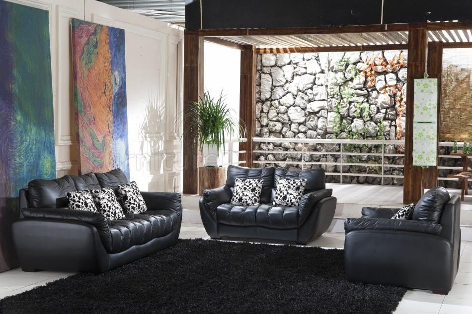 Black Full Italian Leather Contemporary 3pc Living Room Set At