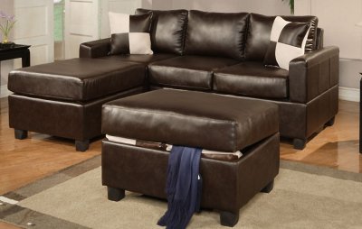 Espresso Bonded Leather Modern Small Sectional Sofa w/Ottoman