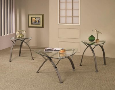 Clear Glass Top & Metal Legs Modern 3Pc Coffee Table Set