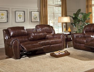 Cognac Brown Bonded Leather Sofa & Chair Set w/Reclining Seats