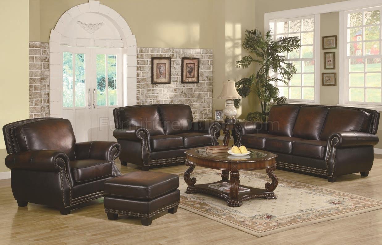Brown Leather Classic Sofa &amp; Loveseat Set w/Optional Items
