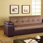 Two-Tone Brown and Tan Convertible Sofa Bed W/Storage Arms