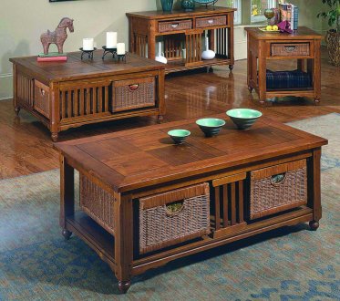 Pine Solids Ocassional Table w/Wicker Basket Drawer Fronts