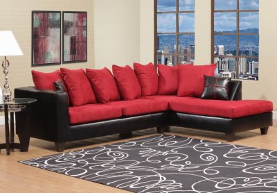Red Fabric & Black Vinyl Modern Sectional Sofa w/Wood Legs
