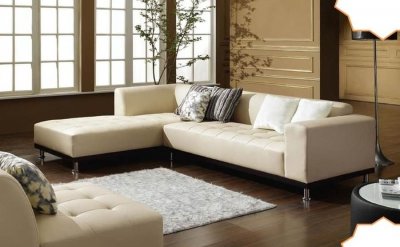 Anne Sectional Sofa & Armless Chair in Beige Bonded Leather