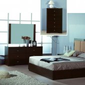 Wenge W/Oak Veneer Modern Bed w/Fabric or Leatherette Headboard