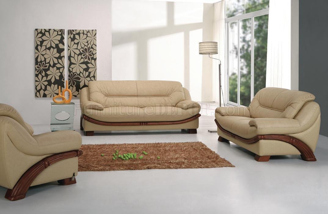 Beige Leather Modern 3Pc Sofa Set w/Wooden Legs & Accents