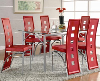 Glass Table Dining Room Sets on Glass Table Top   Metal Base Modern 7pc Dining Set W Red Chairs At