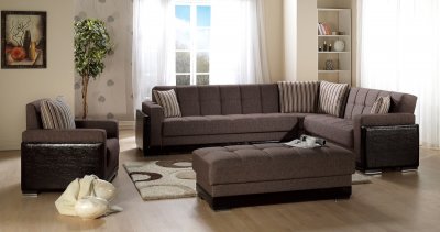 Brown Fabric & Leatherette Base Sectional Sofa Bed w/Storage