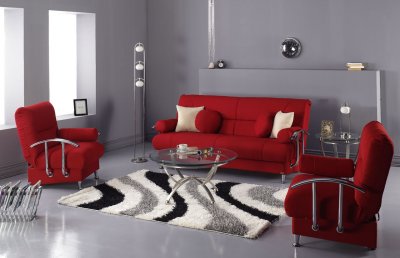Red Microfiber Modern Living Room Sofa Bed w/Storage
