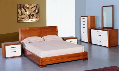Teak and White Lacquer Finish Modern Two Tone Bedroom Set