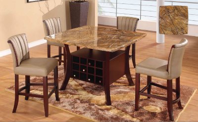 Cherry Wooden Modern Bar Table W/Mixed Beige Faux Marble Top