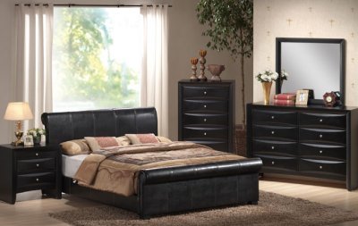 Black Faux Leather Contemporary Bed w/Optional Casegoods