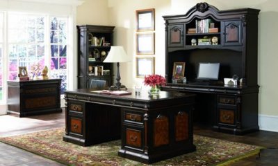Two-Tone Brown Massive Classic Office Desk W/Carving Details