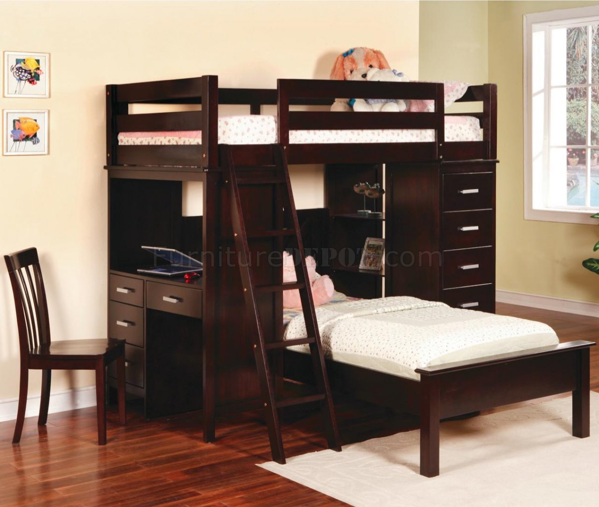 Rich Cappuccino Finish Modern Bunk Bed w/Desk & Chair CRKB 460123